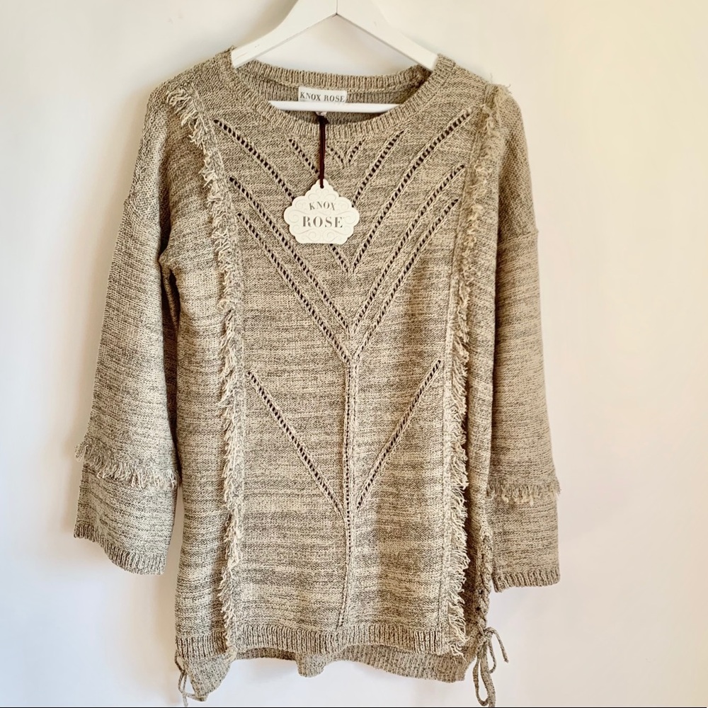 NWT KNOX ROSE Fringe Boho Taupe Sweater - Picture 2 of 10